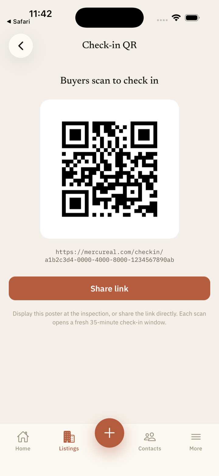 Mercureal check-in QR screen — buyers scan to check in, with a shareable link