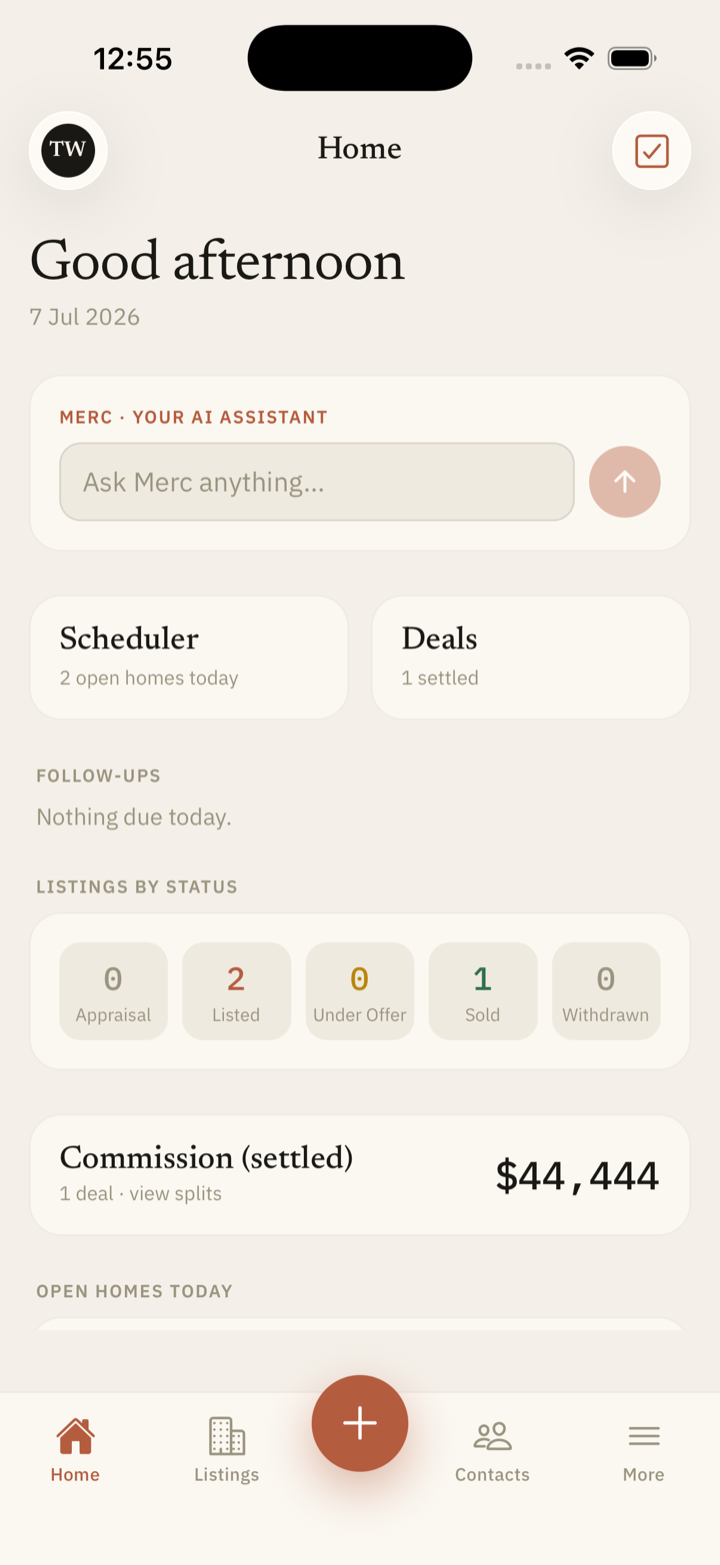Mercureal home screen showing today's open homes, follow-ups, listings by status, and settled commission